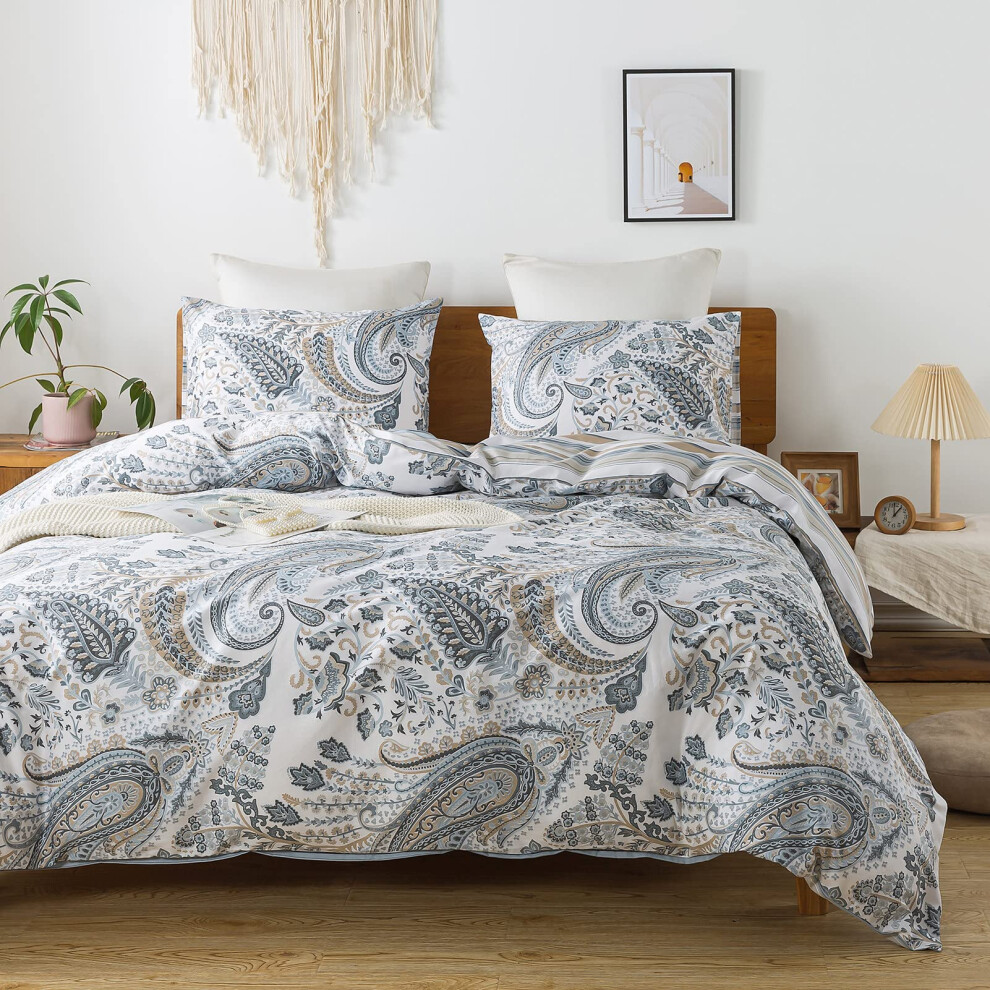 HoneiLife Cotton Duvet Cover Queen  3pcs Paisley Comforter Cover  Soft  Breathable Floral Bedding Duvet Cover Sets with Zipper