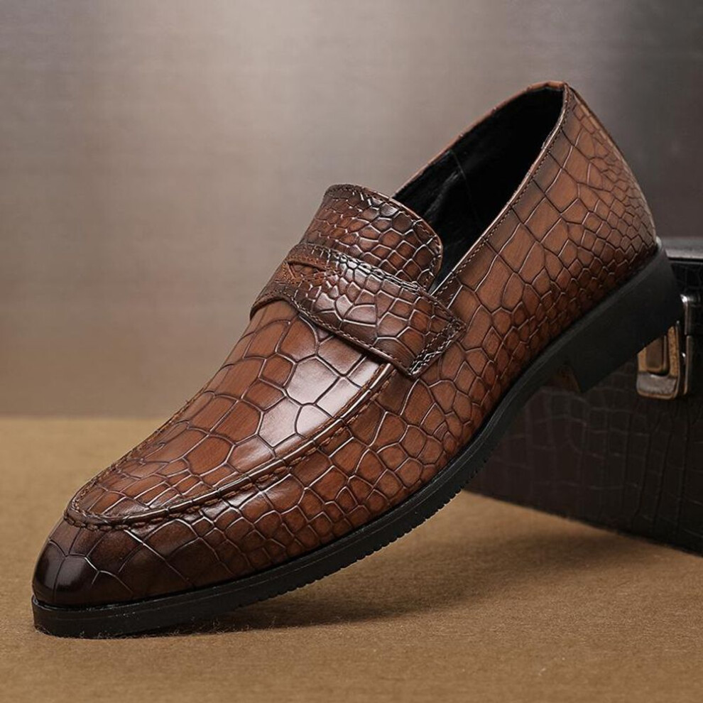(brown, 41) New Men&apos;s Casual Dress Leather Shoes Luxury Fashion Crocodile Pattern Wedding Shoes British Style Oxford Shoes Plus Size 38-48