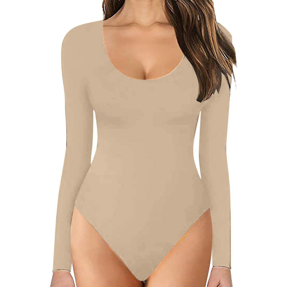 (Khaki, L) S-xxl Deep V Neck Short Sleeve Long Sleeve Tops Sexy Bodysuit For Women Clothing