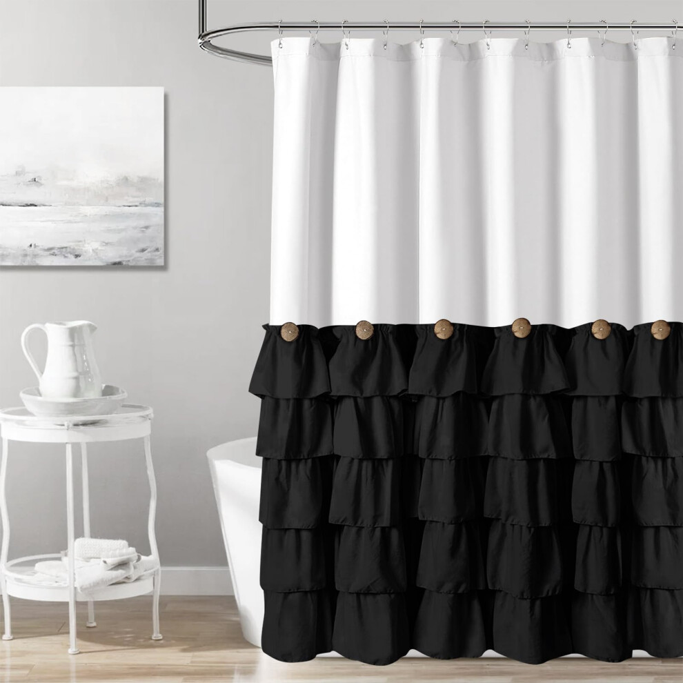 Seasonwood Tenda Da Doccia Bianca E Nera Con Bottoni Vintage, 183 X 183 Cm, Tenda Da Doccia In Tessuto Decorativo Rustico Per Il Bagno Degli Ospiti, 183 X 183 Cm, Nero E Bianco-image