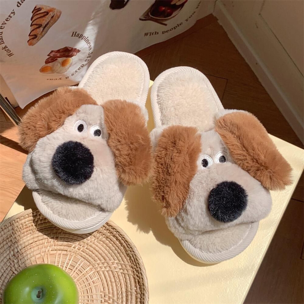 (khaki, 38-39) Mo Dou Cute Dog Shape Cotton Slippers For Women Fluffy Cartoon Slippers For Men Indoor Bedroom Open Toe Slippers
