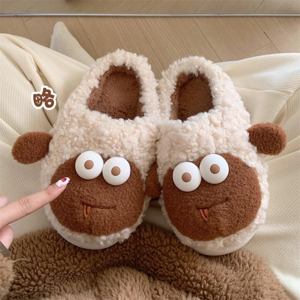 (brown, 36-37) Mo Dou Funny Wrapped Toe Cotton Slippers For Women Cute Cartoon Slippers For Girls Sheep Sticker Home Bedroom Slippers Non Slip