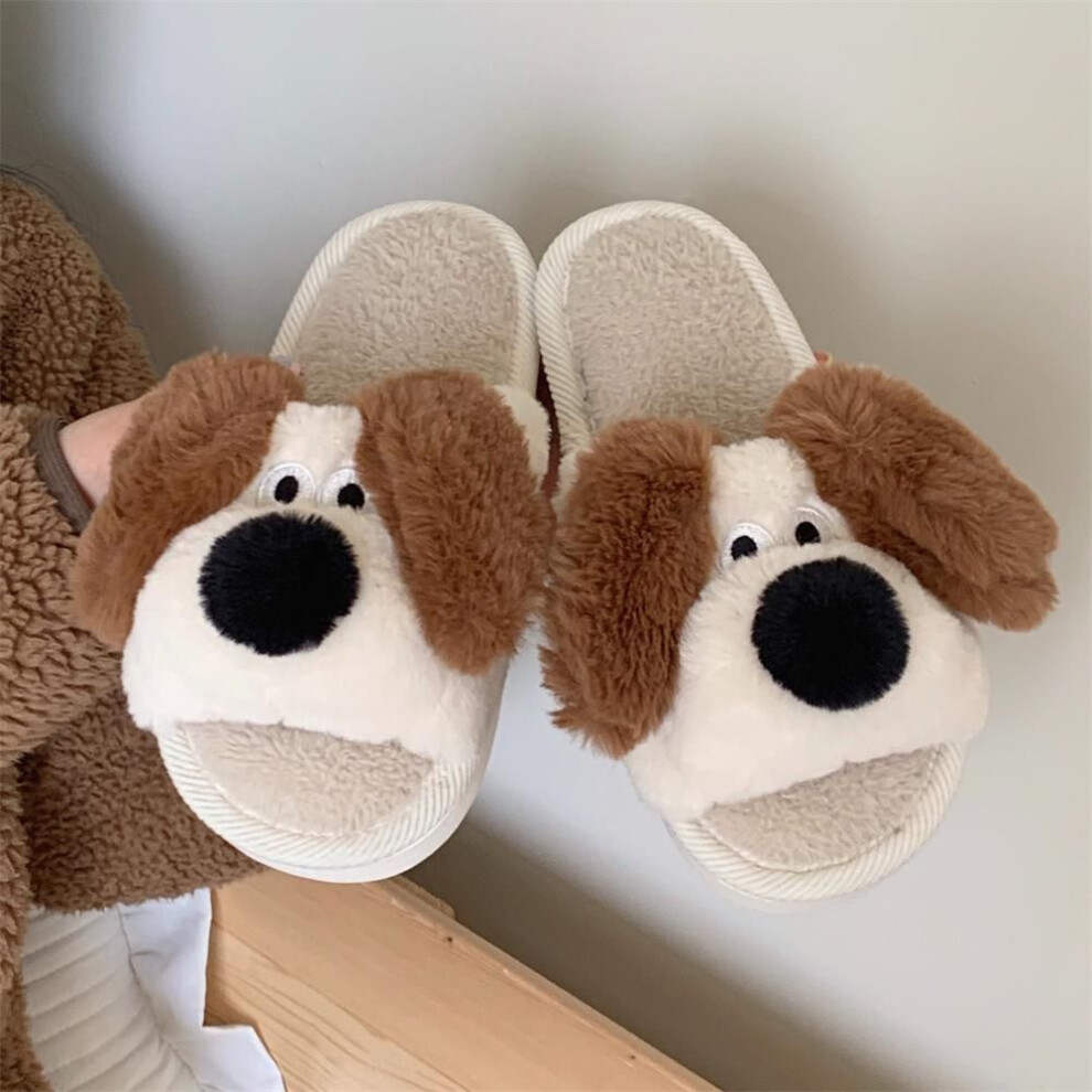 (beige, 40-41) Mo Dou Cute Dog Shape Cotton Slippers For Women Fluffy Cartoon Slippers For Men Indoor Bedroom Open Toe Slippers