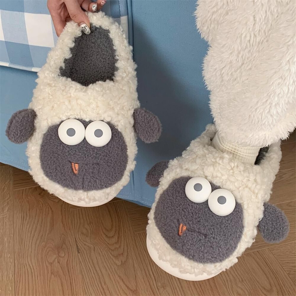 (grey, 38-39) Mo Dou Funny Wrapped Toe Cotton Slippers For Women Cute Cartoon Slippers For Girls Sheep Sticker Home Bedroom Slippers Non Slip