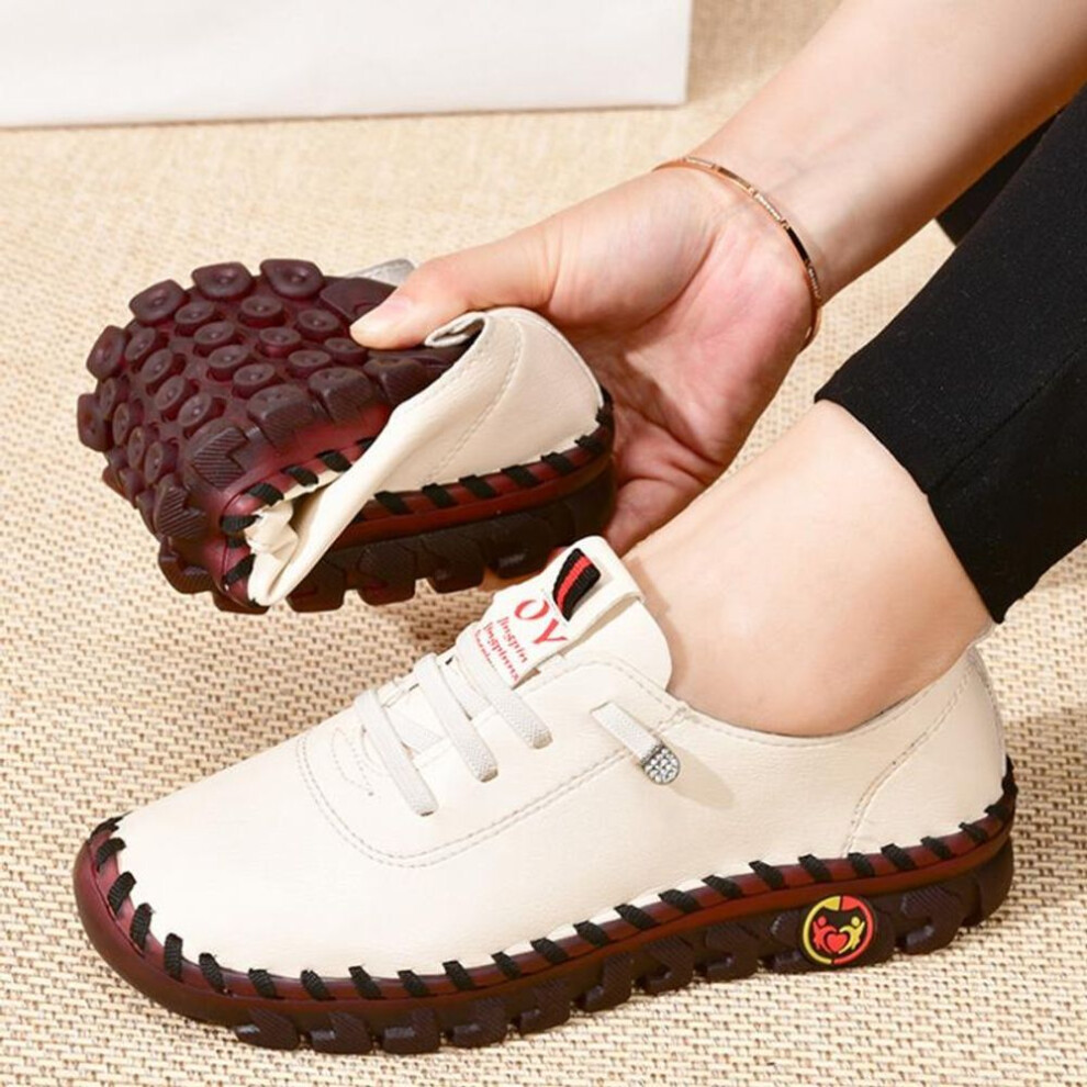 (white, 41) 2023 New Spring Casual Women Shoes Platform Loafers  Lace Up Leather Flats Slip-on Mom Shoe