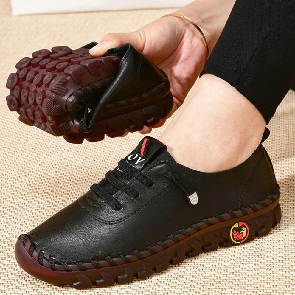 (black, 39) 2023 New Spring Casual Women Shoes Platform Loafers  Lace Up Leather Flats Slip-on Mom Shoe