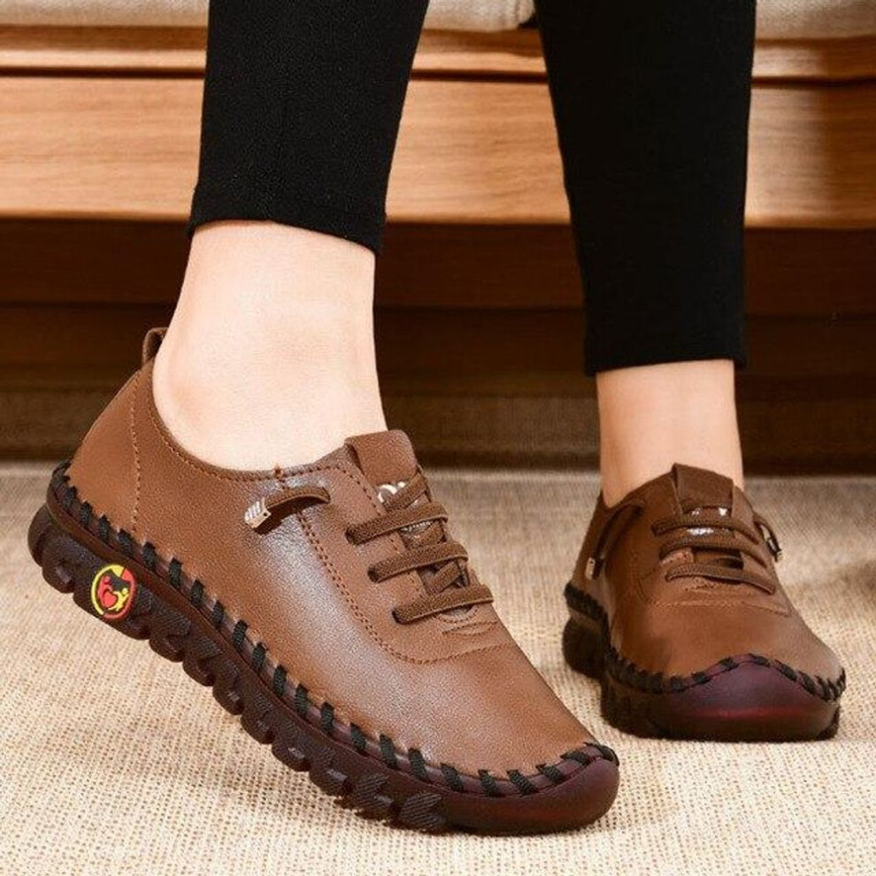 (brown, 35) 2023 New Spring Casual Women Shoes Platform Loafers  Lace Up Leather Flats Slip-on Mom Shoe