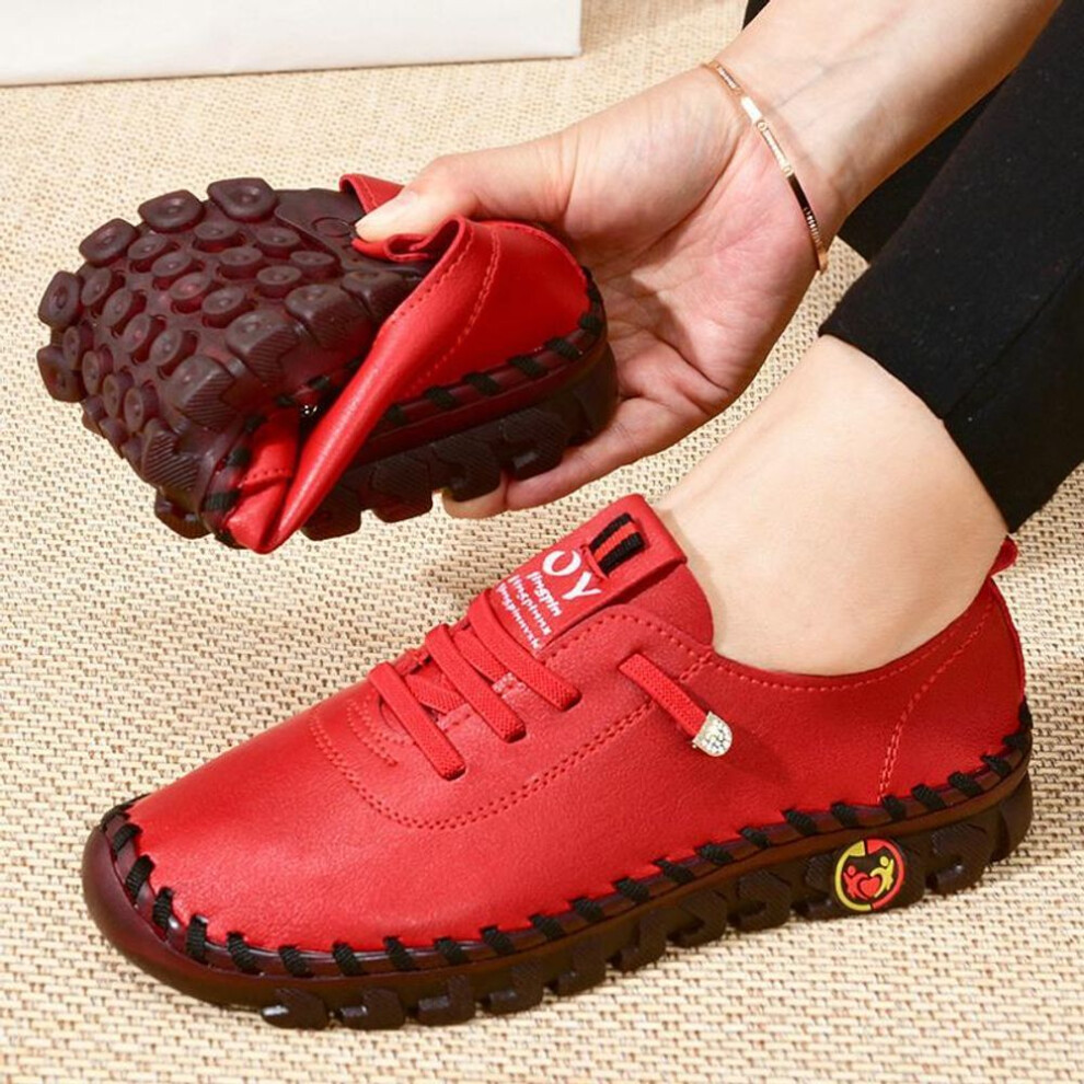 (red, 35) 2023 New Spring Casual Women Shoes Platform Loafers  Lace Up Leather Flats Slip-on Mom Shoe