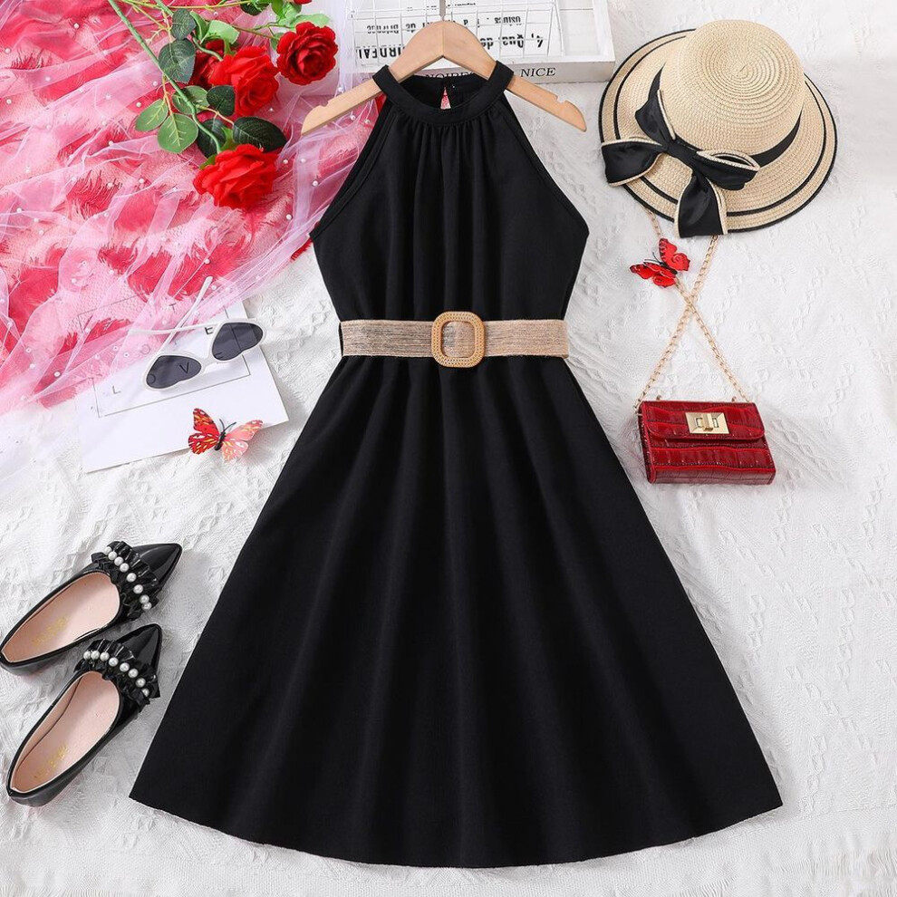 (black, 11-12Y) Girls&apos; Dress 2024 Online Popular European-american Style Hanging Neck Waist Dress 8-12 Years Old Children Colthes