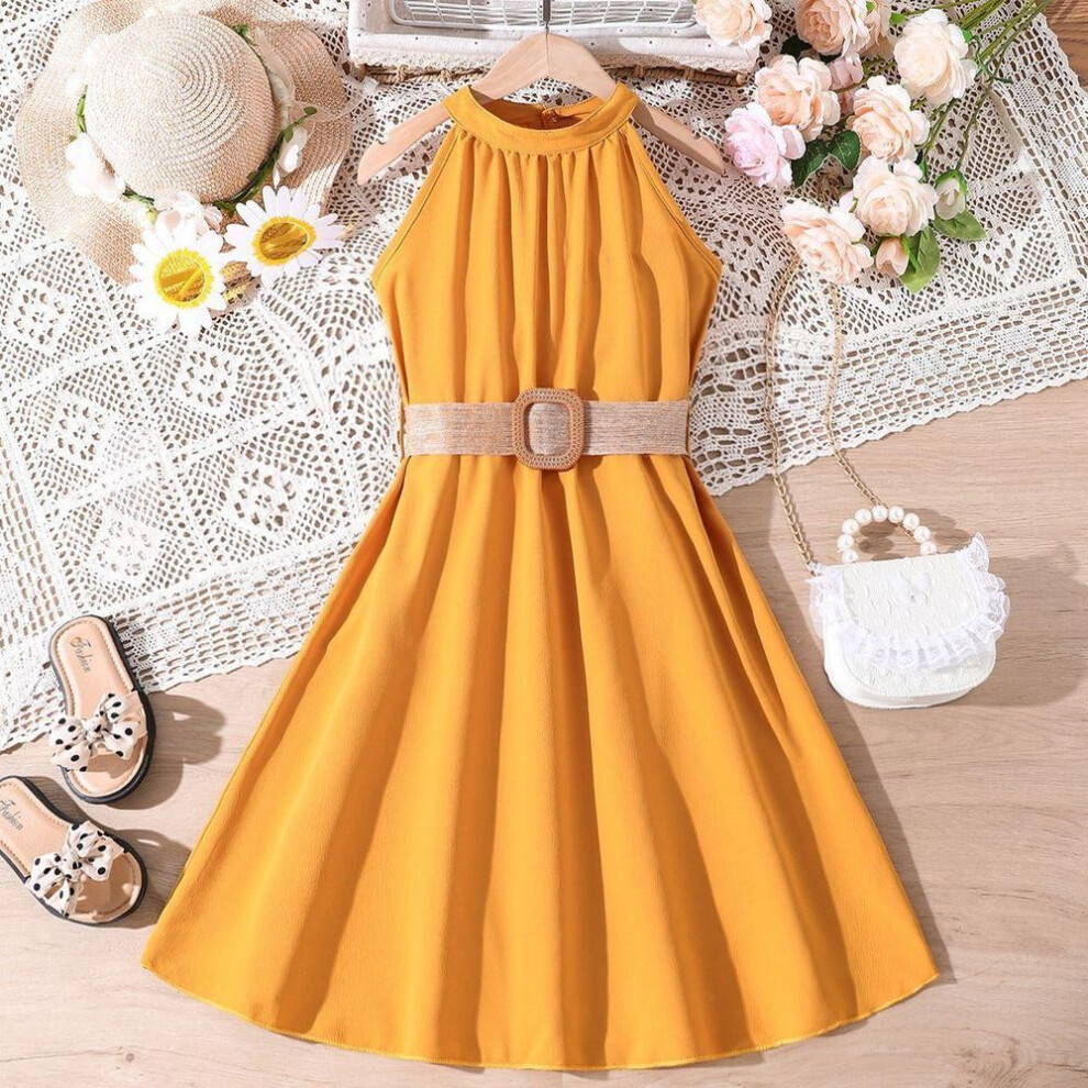 (yellow, 9Y) Girls&apos; Dress 2024 Online Popular European-American Style Hanging Neck Waist Dress 8-12 Years Old Children Colthes