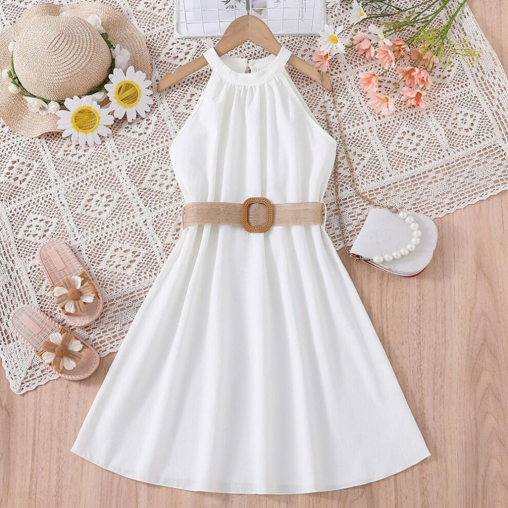 (white, 9Y) Girls&apos; Dress 2024 Online Popular European-american Style Hanging Neck Waist Dress 8-12 Years Old Children Colthes