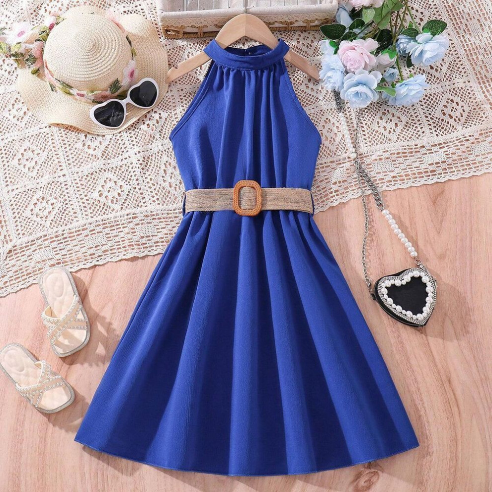(navy blue, 8Y) Girls&apos; Dress 2024 Online Popular European-american Style Hanging Neck Waist Dress 8-12 Years Old Children Colthes