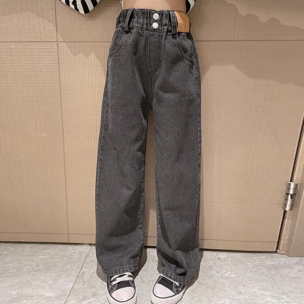 (black, 130) Girls Jeans Autumn New 2023 Loose Straight Pants For Children 12 13 14 Years Blue Teenage School Kids Casual Denim Trousers