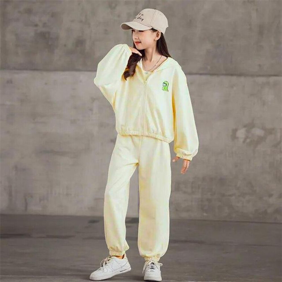 (beige, 160) Fashion Girls Outfits Set   Children's Teen Big Kids Spring Autumn Loose Sports Three-piece Suit Hoodie + Vest + Trousers