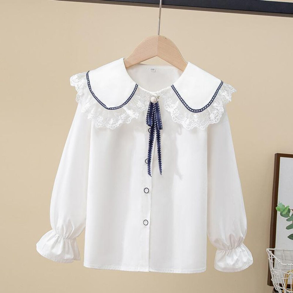 (as the picture, 150) Spring 2024 Spring Children&apos;s Shirt Girls Lace Collar White Shirt Girls Long Sleeve Shirt