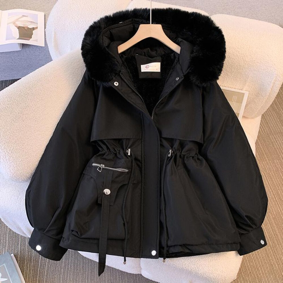 (black, XL) Women Autumn Winter Fur Collar Long Sleeve Solid Color Drawstring Parka Hooded Chic Warm Coat