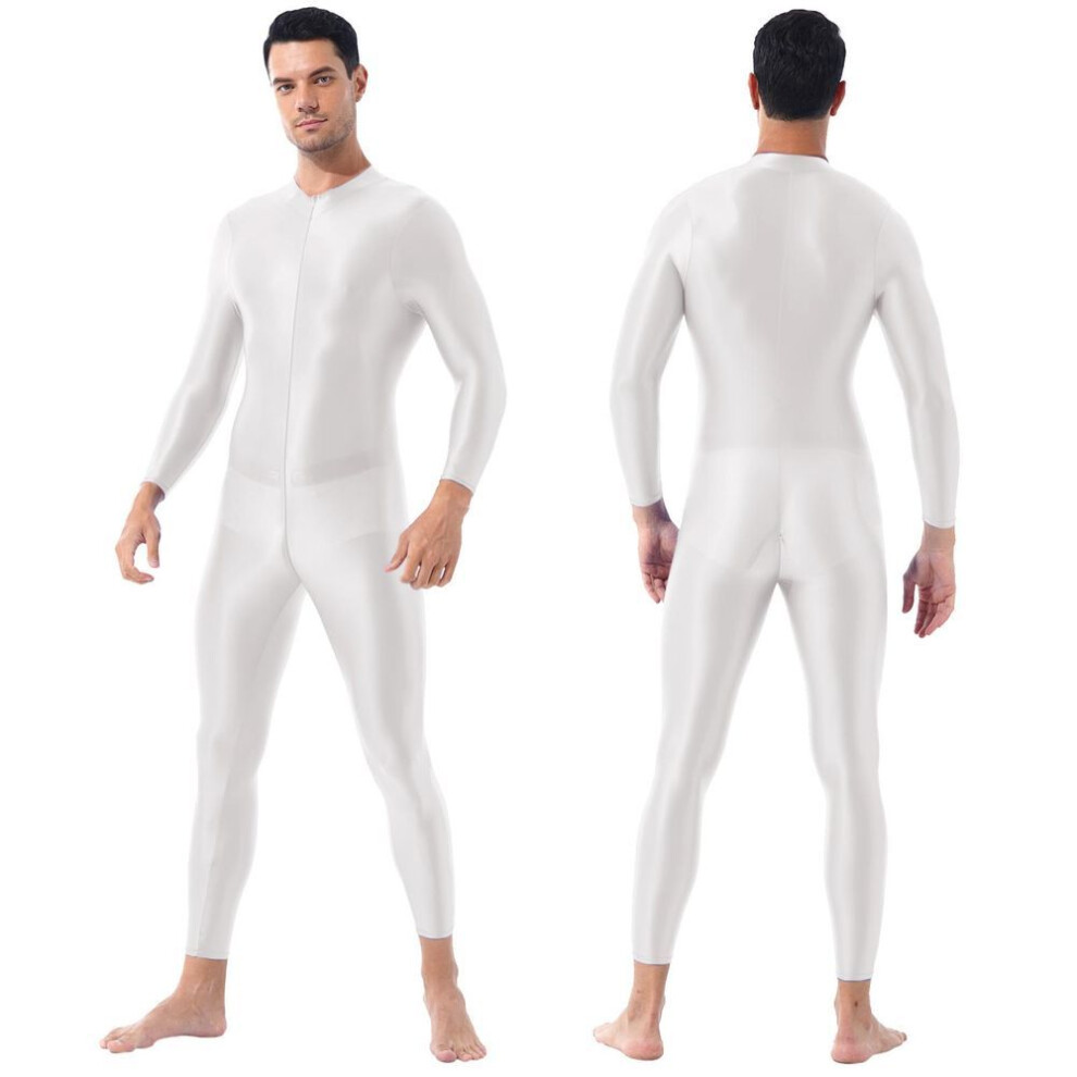 (white, One Size) Men Glossy Bodystocking Smooth Long Sleeve Oil Shiny Full Body Bodysuit Tights Swimsuit Gym Fitness Gymnastics Performance