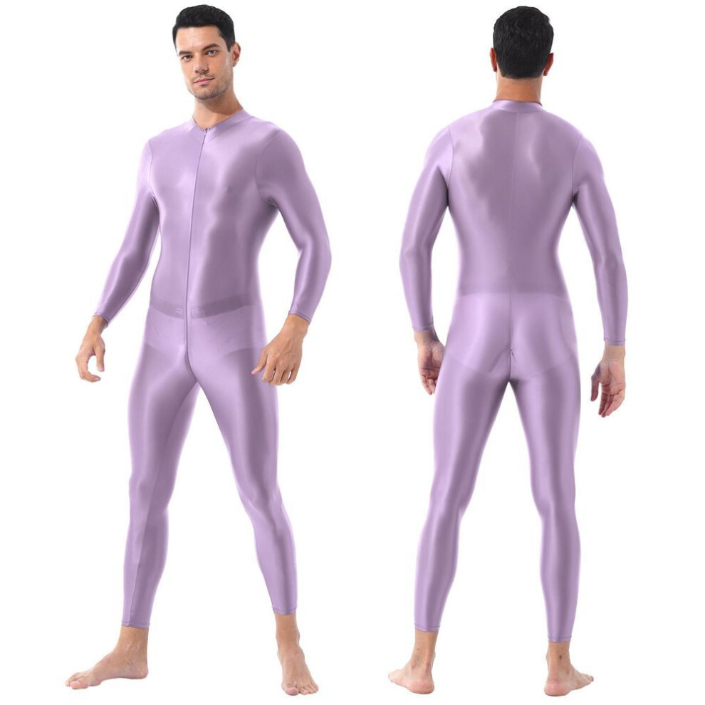 (lavender, One Size) Men Glossy Bodystocking Smooth Long Sleeve Oil Shiny Full Body Bodysuit Tights Swimsuit Gym Fitness Gymnastics Performance