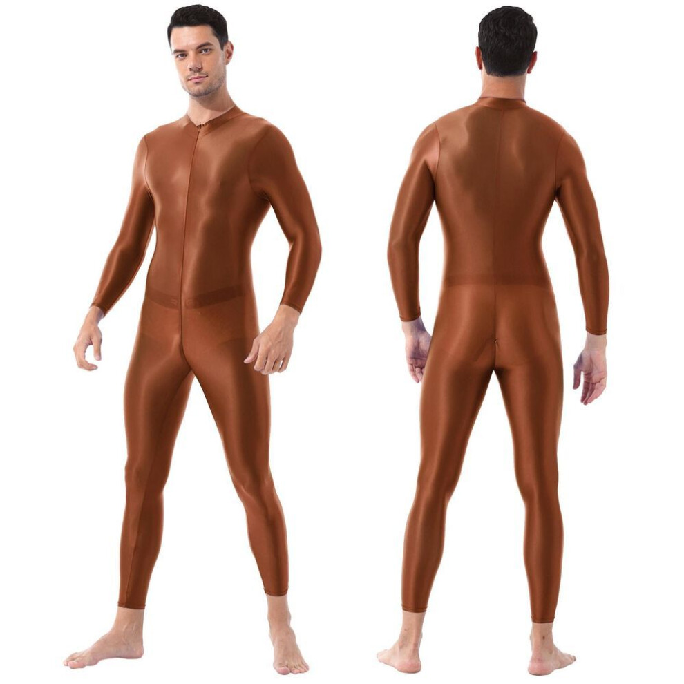 (coffee, One Size) Men Glossy Bodystocking Smooth Long Sleeve Oil Shiny Full Body Bodysuit Tights Swimsuit Gym Fitness Gymnastics Performance