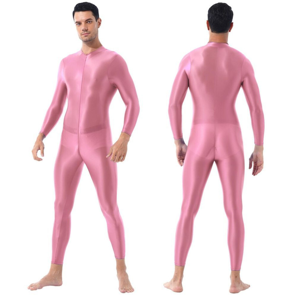 (pink, One Size) Men Glossy Bodystocking Smooth Long Sleeve Oil Shiny Full Body Bodysuit Tights Swimsuit Gym Fitness Gymnastics Performance