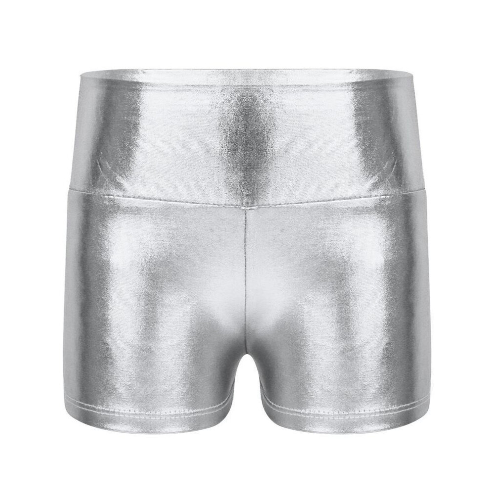 (silver, 7-8 Years) Kids Girls Metallic Shiny Gymnastic Dance Shorts Sports Bottoms Ballet Activewear Shorts