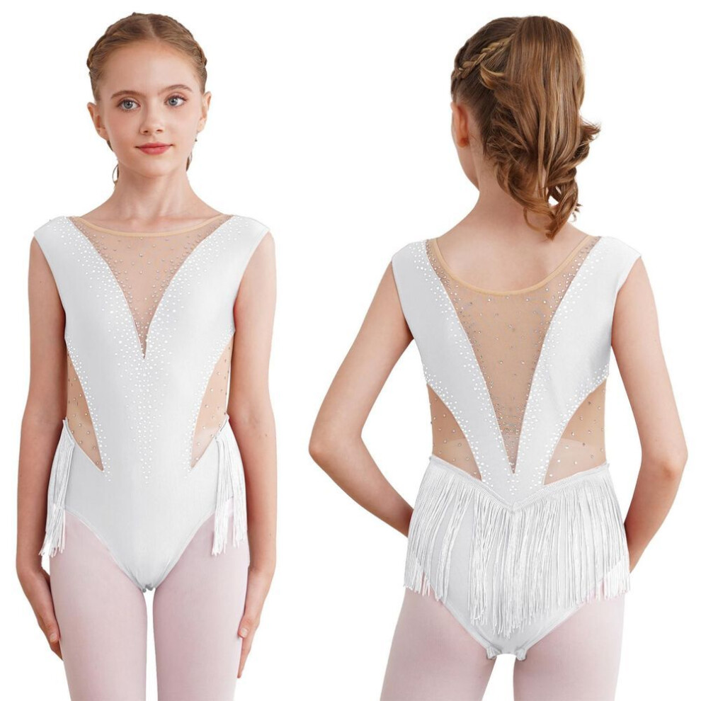 (white, 5-6 Years) Kids Girls Latin Dance Figure Skating Performance Costume Shiny Rhinestone Fringed Leotard Dresses