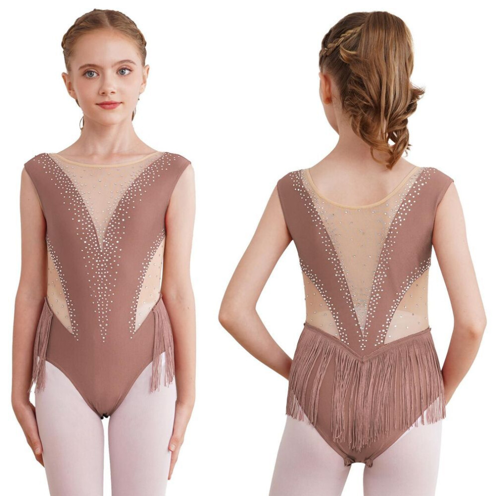 (coffee, 5-6 Years) Kids Girls Latin Dance Figure Skating Performance Costume Shiny Rhinestone Fringed Leotard Dresses