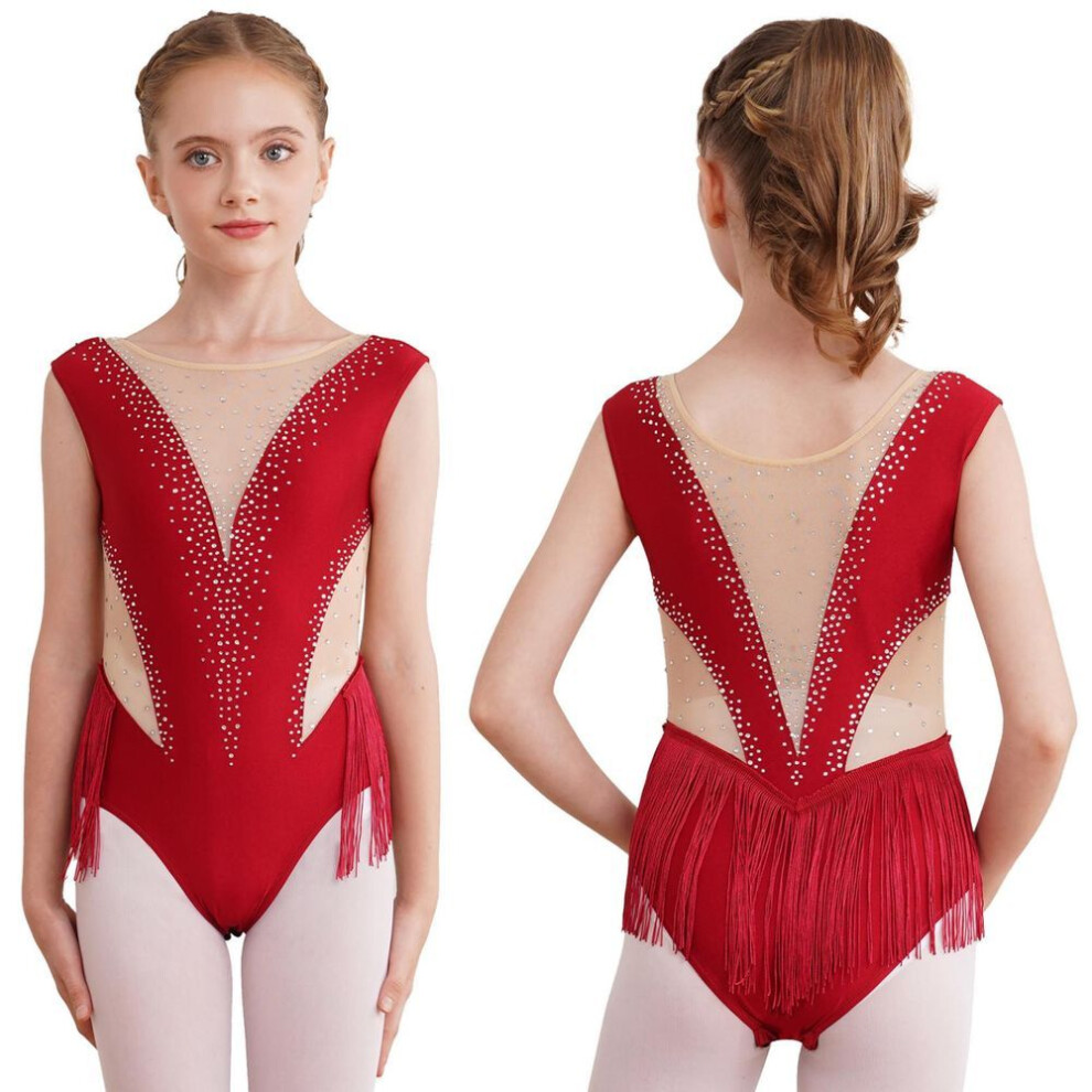 (burgundy, 11-12 Years) Kids Girls Latin Dance Figure Skating Performance Costume Shiny Rhinestone Fringed Leotard Dresses
