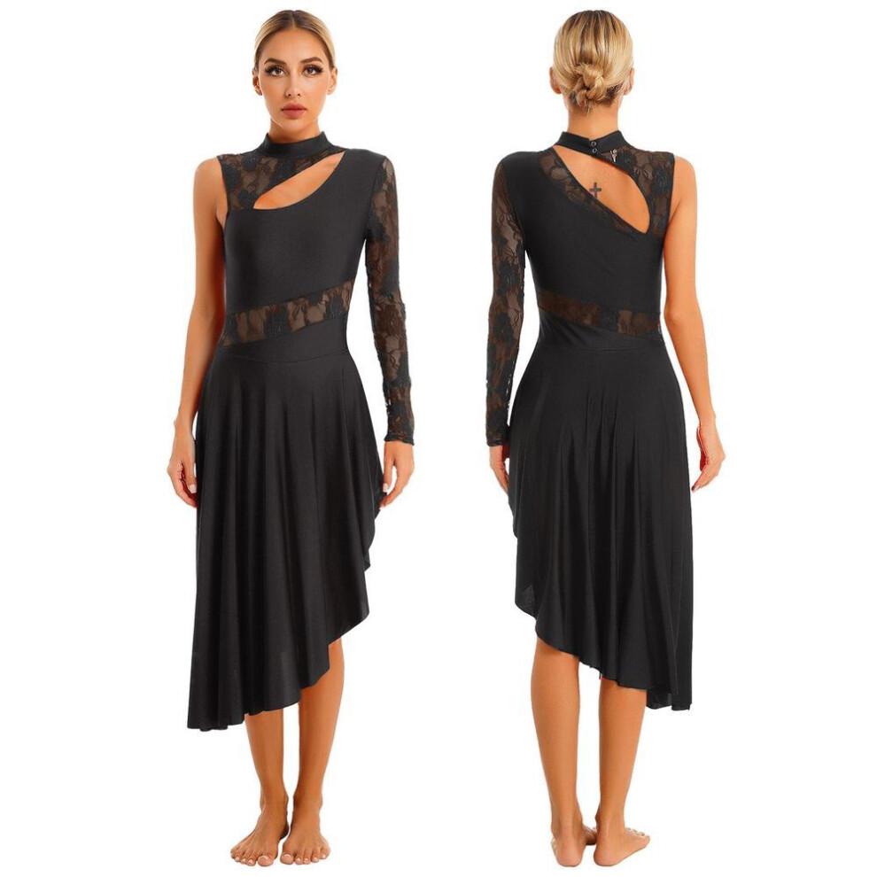 (black, S) Women&apos;s Asymmetrical Praise Dance Tunic Dress Lyrical Dancewear Lace  Spliced Cutout Dress Dance Party Dress