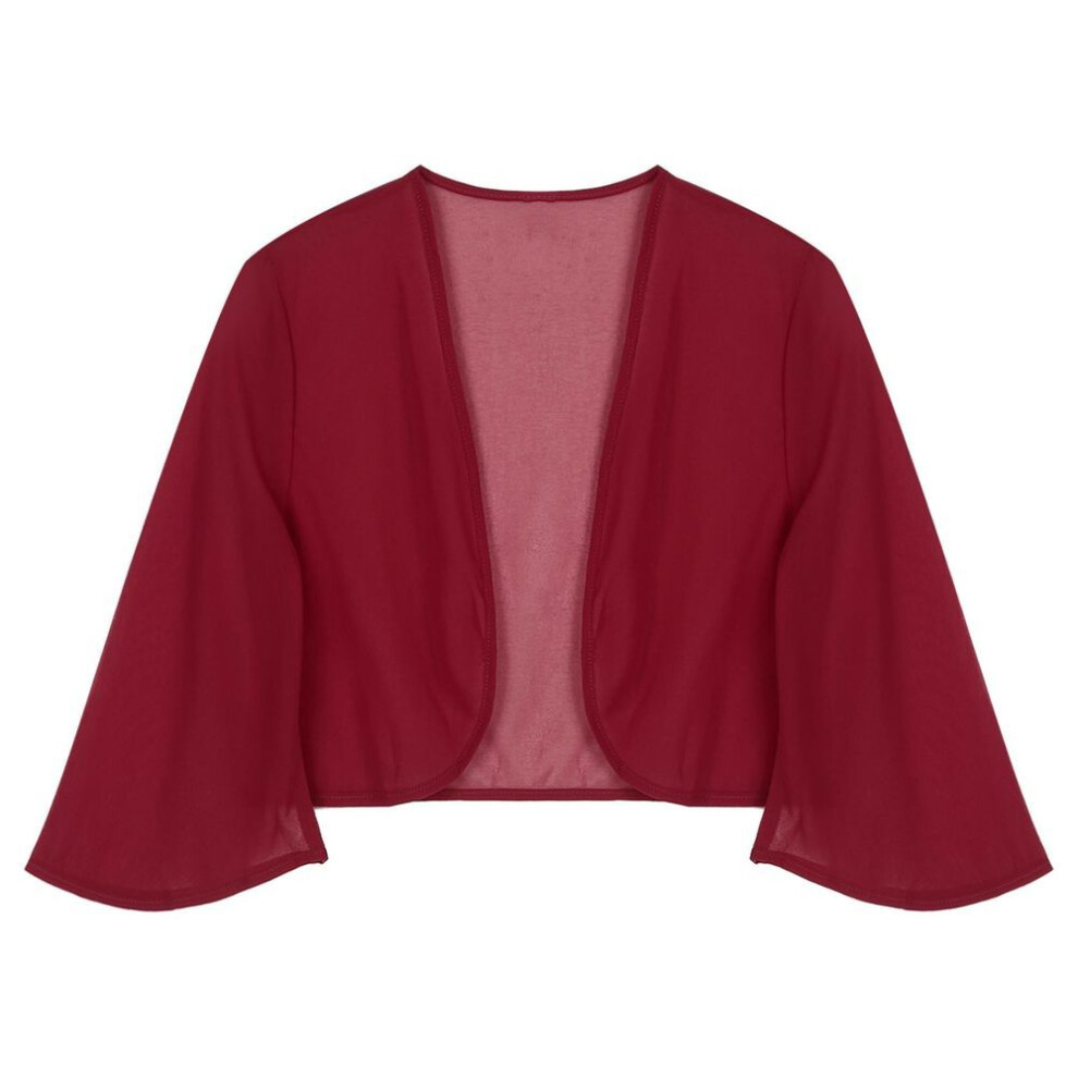 (burgundy, XL) Women&apos;s Chiffon Bolero Shrug Jacket Open Front 3/4 Sleeve Cropped Cardigan For Wedding Party
