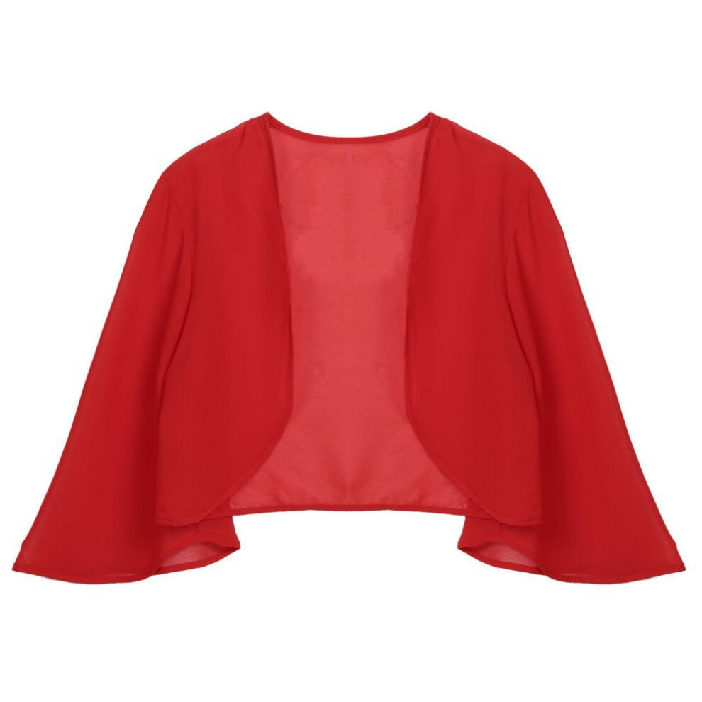 (red, XL) Women&apos;s Chiffon Bolero Shrug Jacket Open Front 3/4 Sleeve Cropped Cardigan For Wedding Party