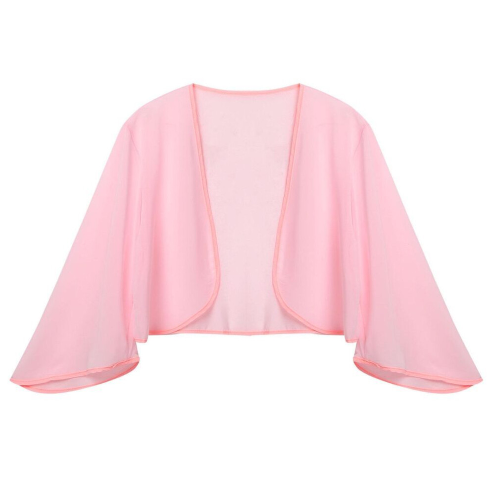 (pink, M) Women&apos;s Chiffon Bolero Shrug Jacket Open Front 3/4 Sleeve Cropped Cardigan For Wedding Party