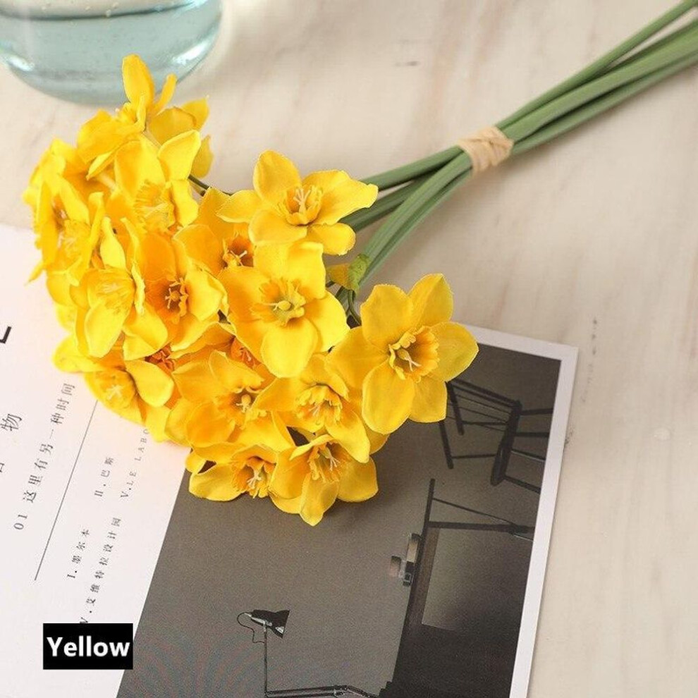 (yellow) 6Pcs/Bouquet Artificial Flower Daffodil Silk Flowers Bouquet for Wedding Home Decoration Fake Flower