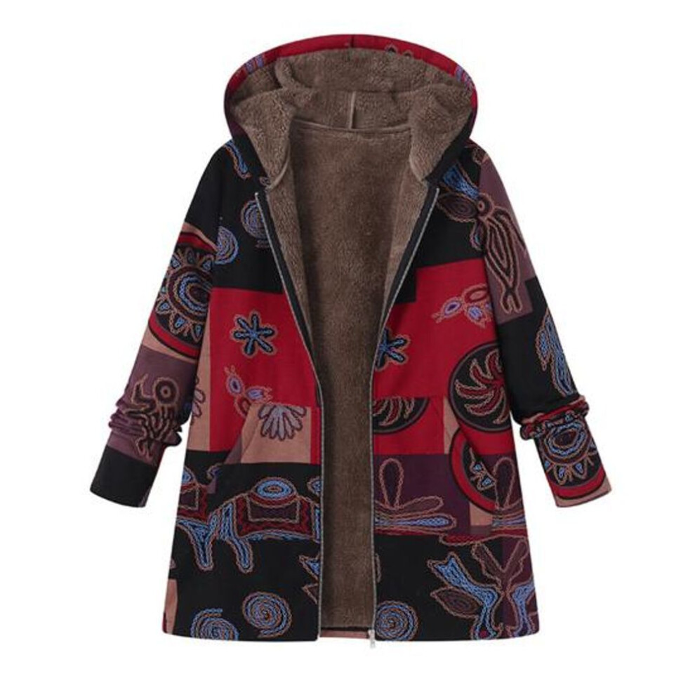 (red, M) Women Winter Coat Retro Floral Print Hooded Thick Plush Zip-up Heat Retention Long Sleeves Mid Length Pockets Leisure Daily Wear Jacket