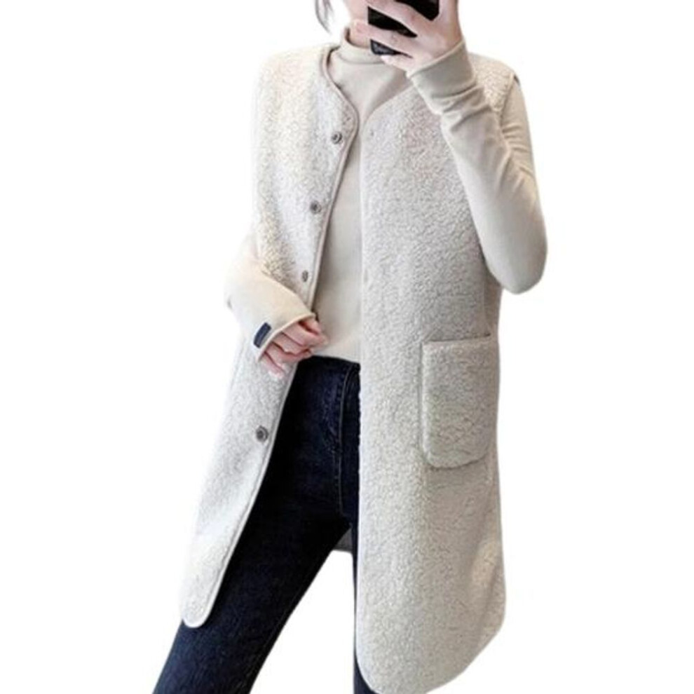 (beige, M) Fall Winter Women Vest Coat Round Neck Loose Mid Length Sleeveless Single-breasted Pockets Cardigan Warm Thick Outwear Waistcoat