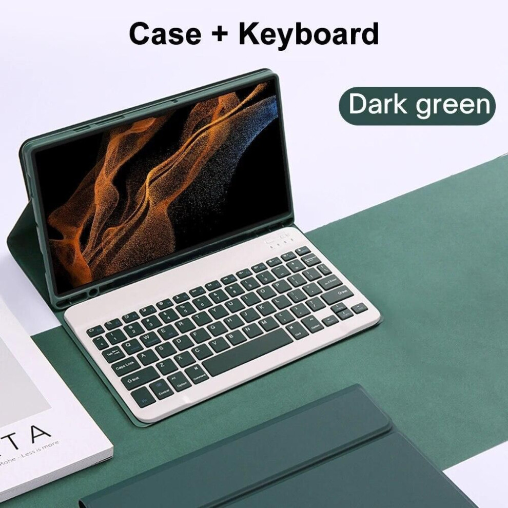 (dark green, galaxy tab a9) Bluetooth Keyboard Case For Samsung Galaxy Tab S8 Ultra 14.6 Inch 2022 12 Inch Tab A9 S9 Fe Leather Cover With S Pen Holder Tablet Case