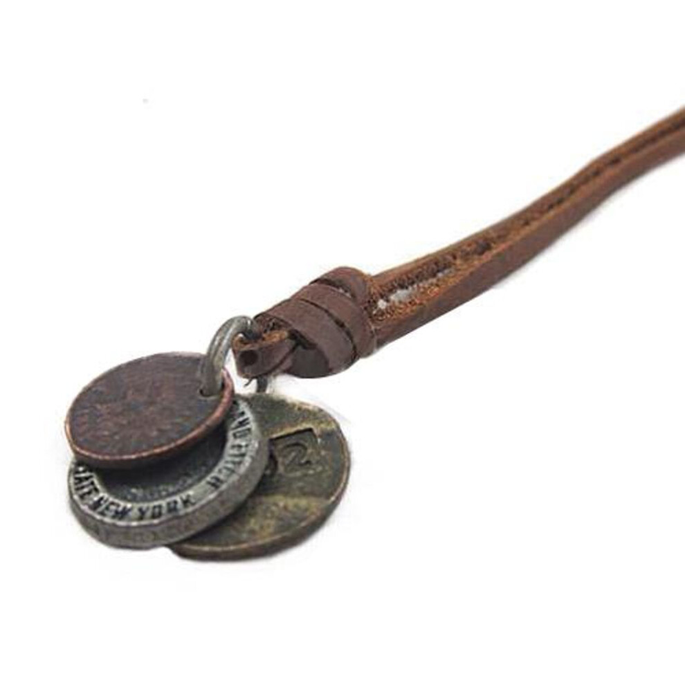 Fashion Men&apos;s Women&apos;s Charm Choker 3 Coins Pendant Genuine Leather Necklace