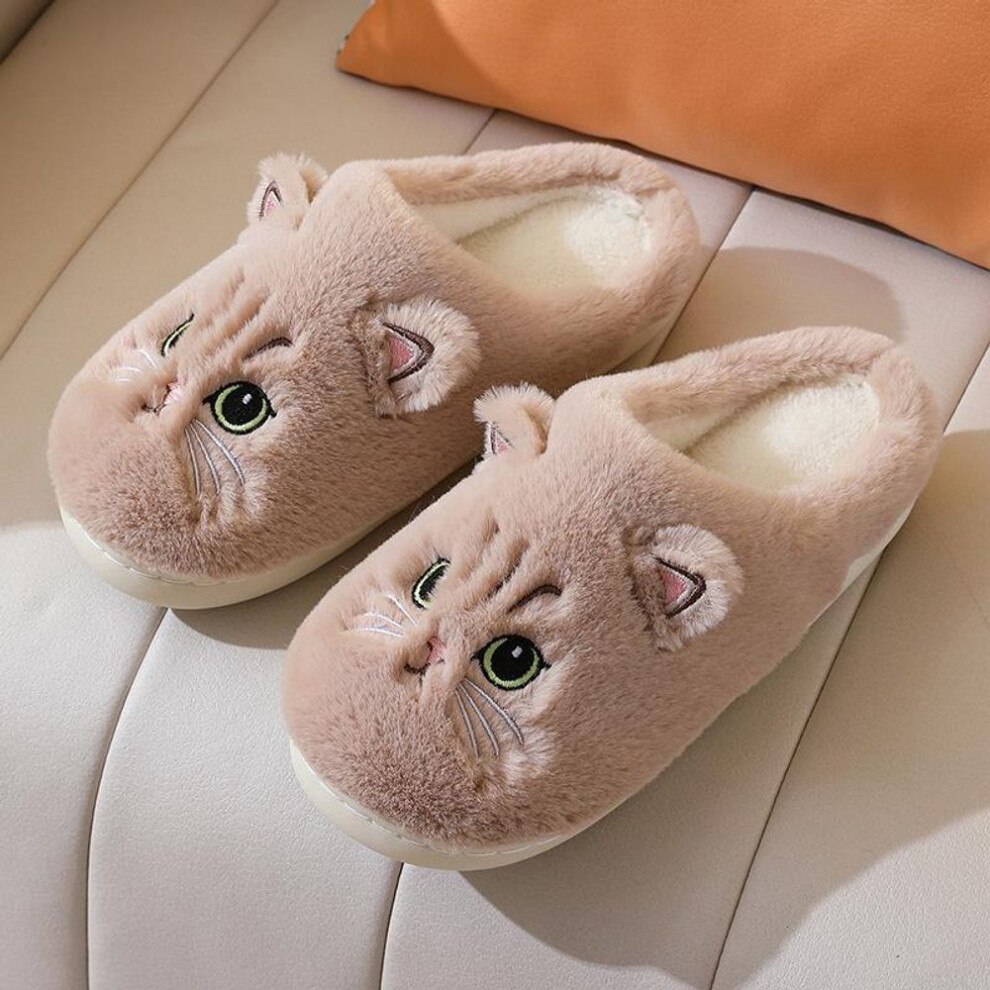 (brown, 38-39) Fashion Women Cute Cat Winter Slippers Indoor Bedroom Soft Plush Warm Home Shoes Casual Slip On Flat Slides