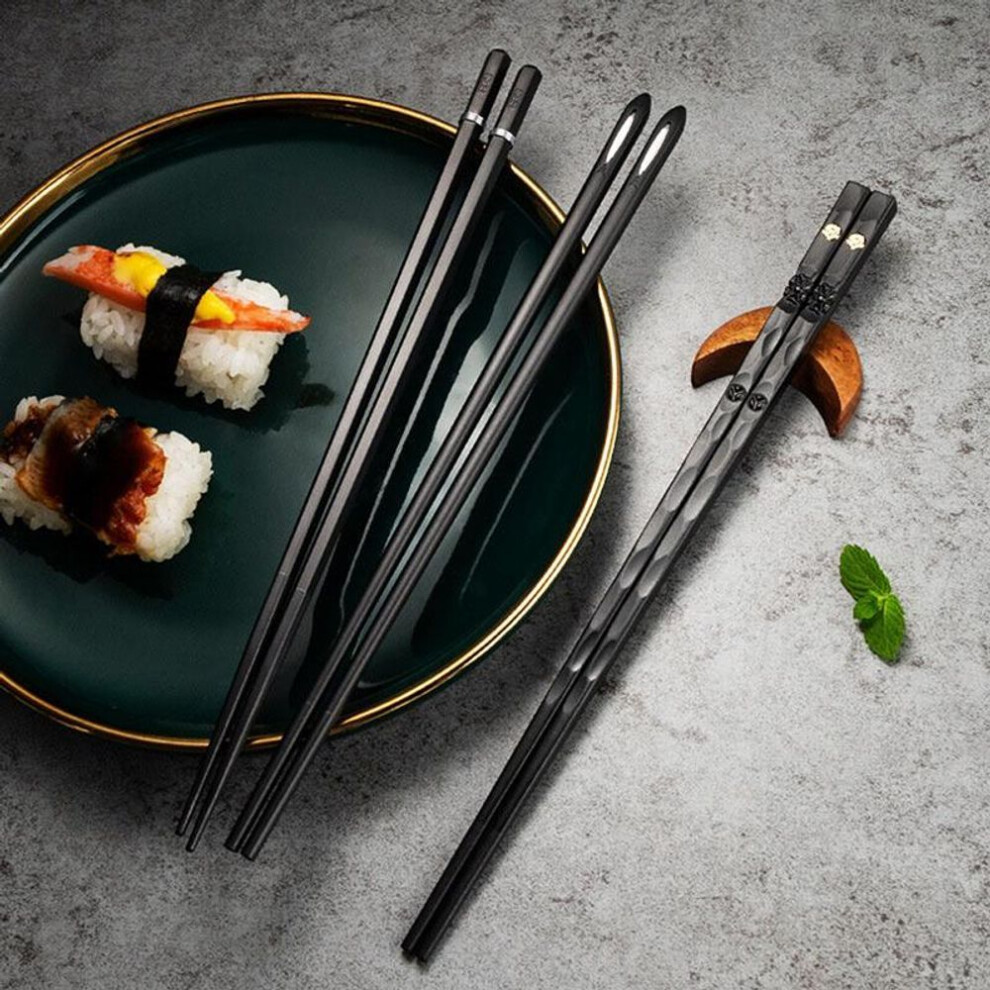 (black) 5 Pairs Alloy Laser Engraving Chopsticks Non-slip Reusable Sushi Sticks
