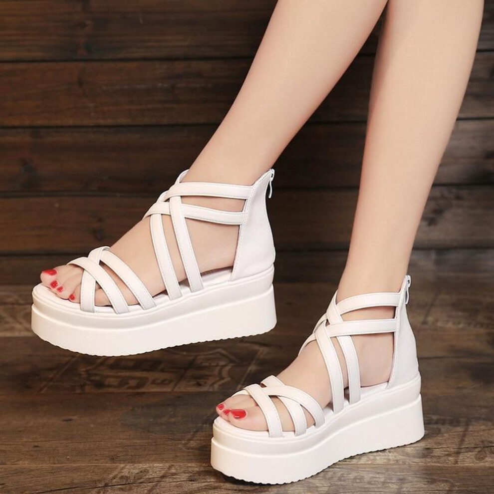 (white, 40) Sandals Women&apos;s Summer Women&apos;s Slope Heel Thick Bottom Open Toe Zipper High Heel Sandals