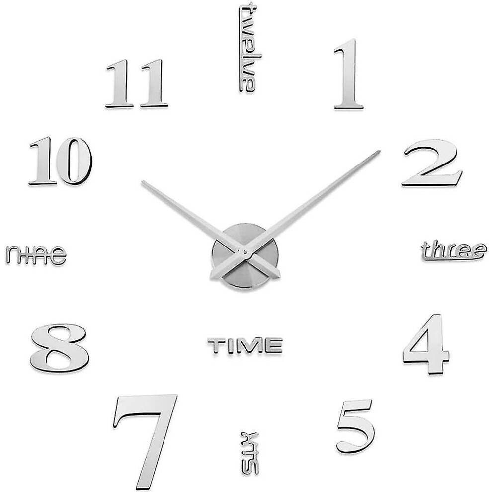 (Silver) Diy Big Wall Clock 3D Wall Clock Modern Silent Diy Big Wall Clock Silver