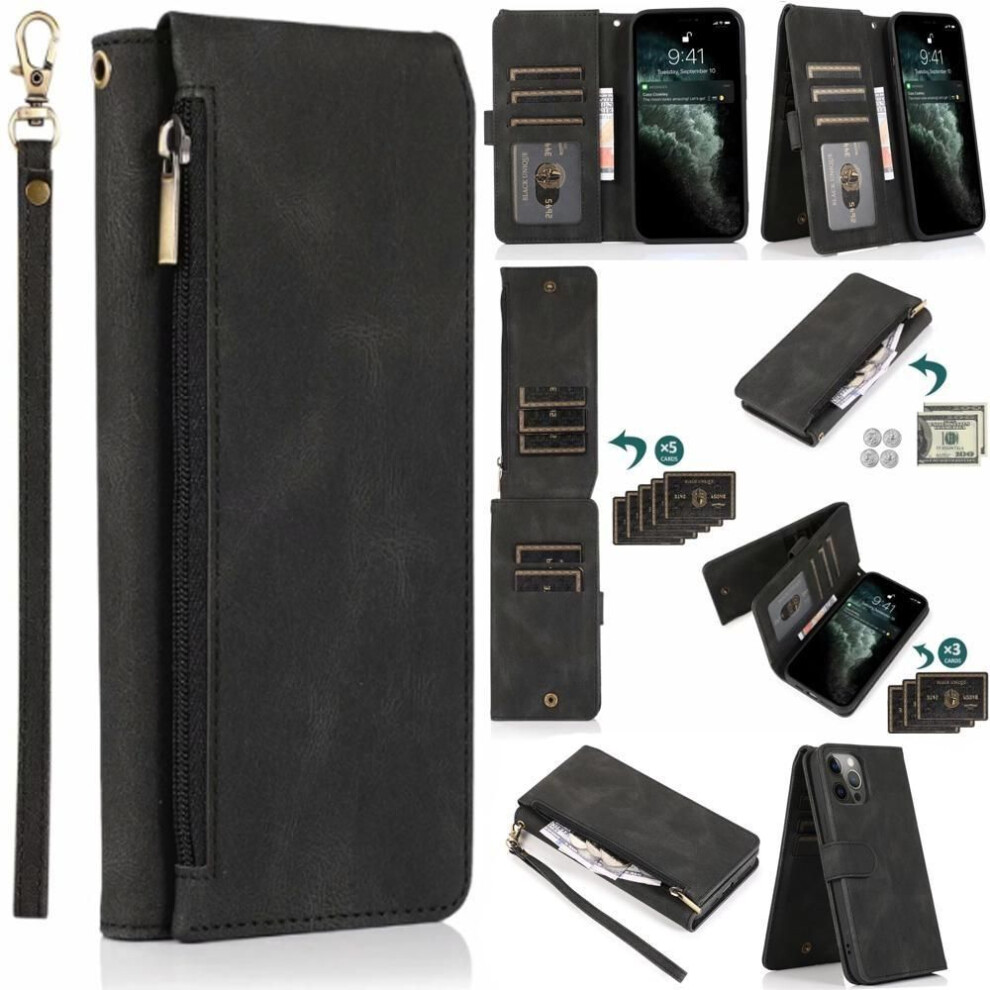 (black, iPhone 11 Pro Max) Zipper Wallet 8 Card Flip Magnetic Leather Case For Iphone 15 14 13 12 11 Pro Max Xs Max Xr /samsung S23 S22 S21 Ultra Plus S21fe A14 A54 A13 A53 A52