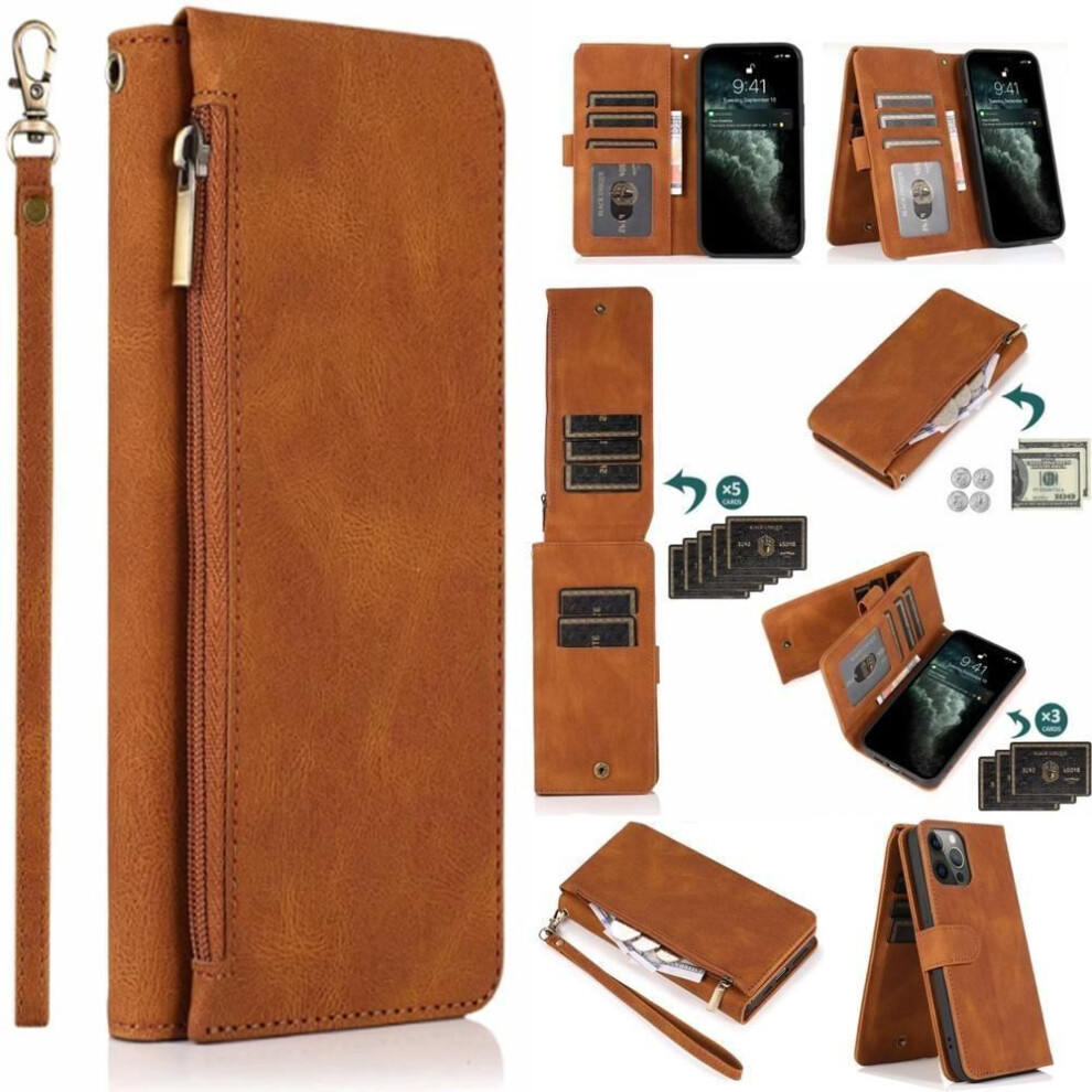 (brown, Samsung S21 Plus) Zipper Wallet 8 Card Flip Magnetic Leather Case For Iphone 15 14 13 12 11 Pro Max Xs Max Xr /samsung S23 S22 S21 Ultra Plus S21fe A14 A54 A13 A53 A52