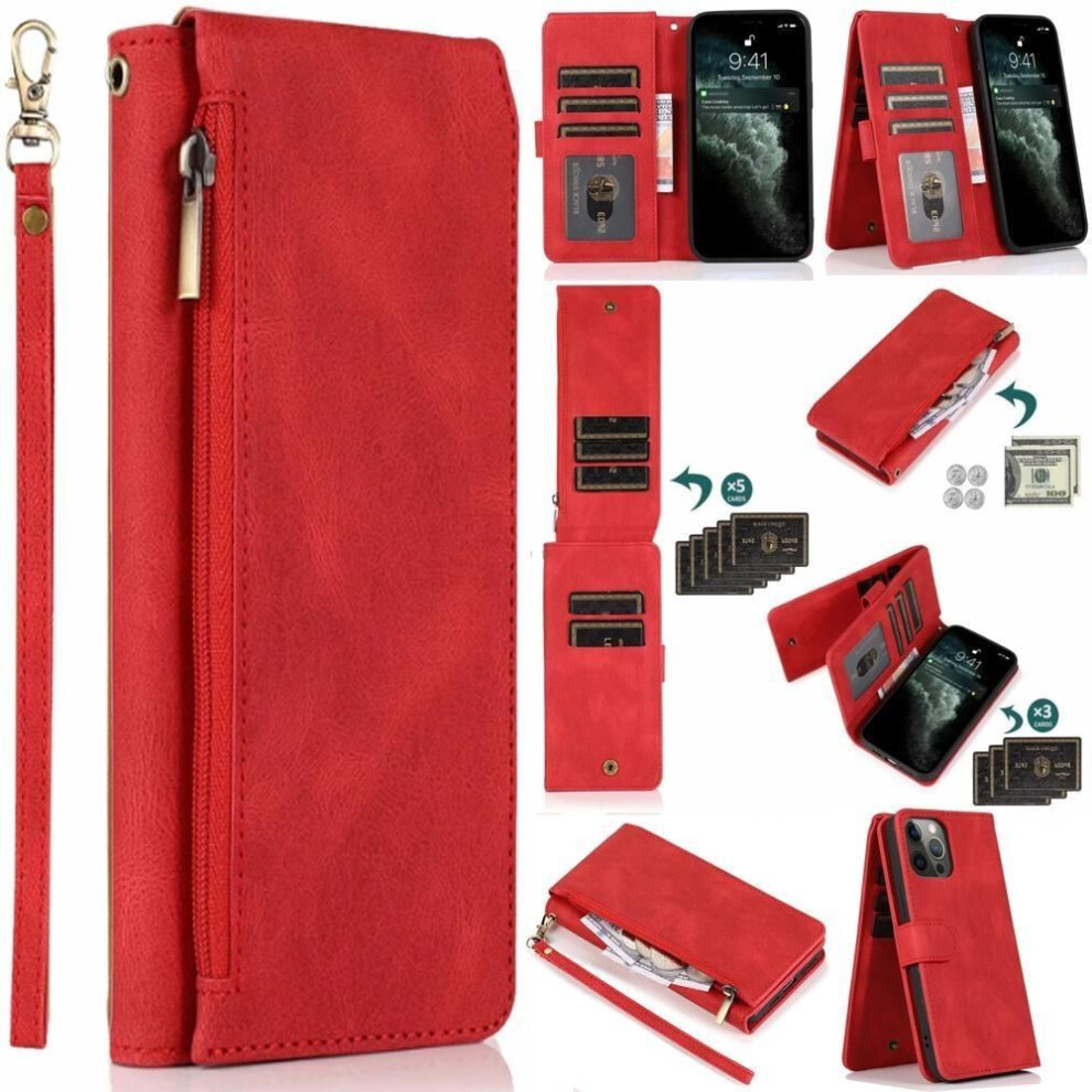 (red, iPhone XS MAX) Zipper Wallet 8 Card Flip Magnetic Leather Case For Iphone 15 14 13 12 11 Pro Max Xs Max Xr /samsung S23 S22 S21 Ultra Plus S21fe A14 A54 A13 A53 A52