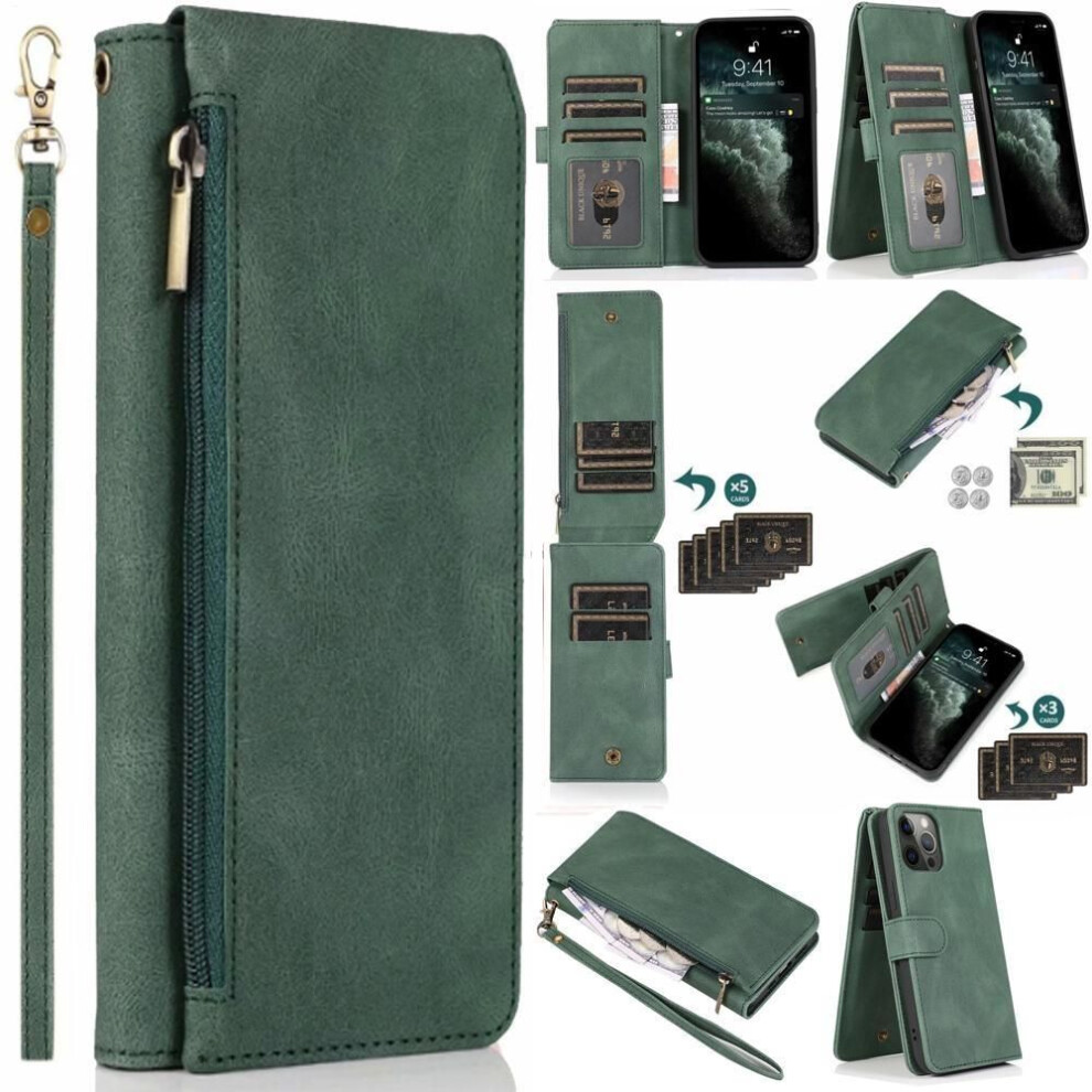 (green, iPhone 11 Pro) Zipper Wallet 8 Card Flip Magnetic Leather Case For Iphone 15 14 13 12 11 Pro Max Xs Max Xr /samsung S23 S22 S21 Ultra Plus S21fe A14 A54 A13 A53 A52