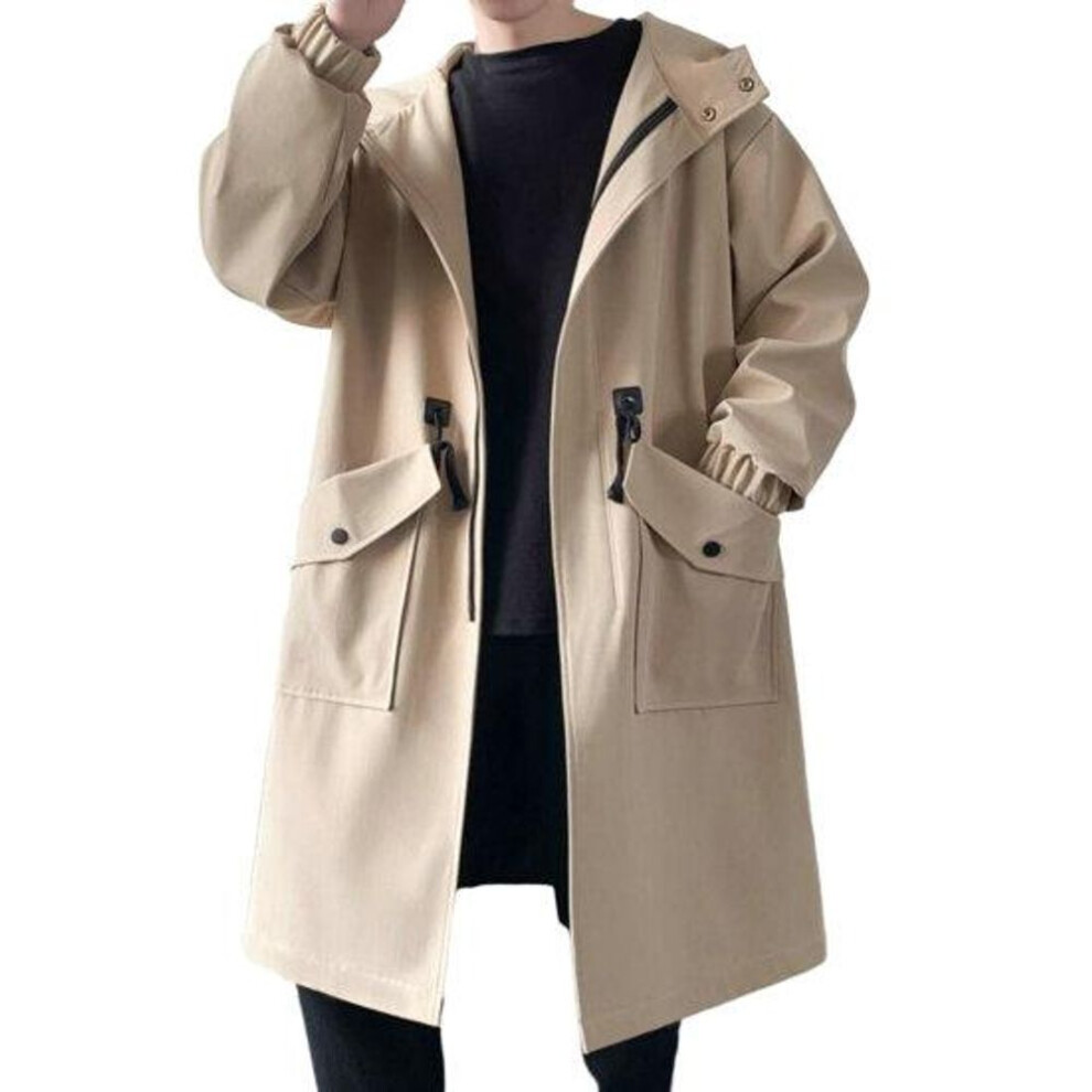(khaki, 3XL) Men Trench Coat Hooded Loose Mid Length Big Pockets Long Sleeve Windproof Solid Color Zipper Closure Anti-wrinkle Elastic Cuff Streetwear Men Coat