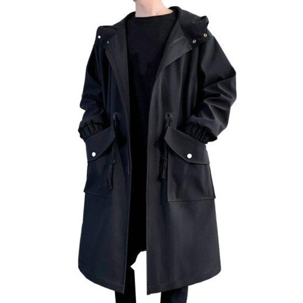 (black, 3XL) Men Trench Coat Hooded Loose Mid Length Big Pockets Long Sleeve Windproof Solid Color Zipper Closure Anti-wrinkle Elastic Cuff Streetwear Men Coat