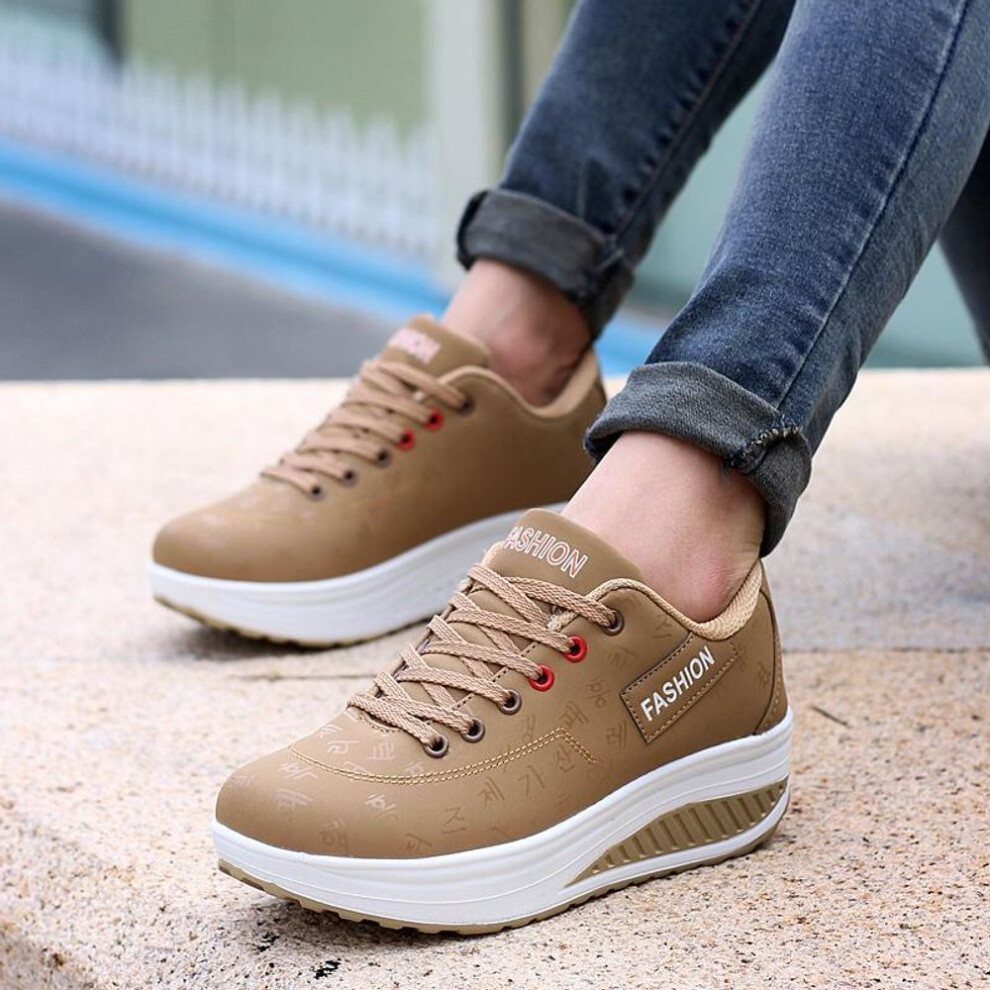 (tan, 38) Kj Women Shoes Pu Leather Breathable Waterproof Wedges Platform Shoes Women Sneakers Casual Shoes