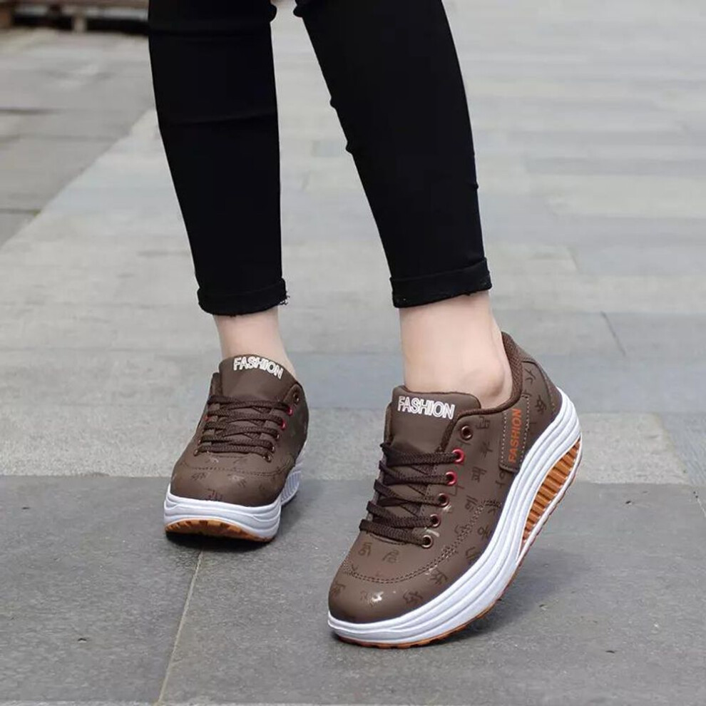 (brown, 35) Kj Women Shoes Pu Leather Breathable Waterproof Wedges Platform Shoes Women Sneakers Casual Shoes