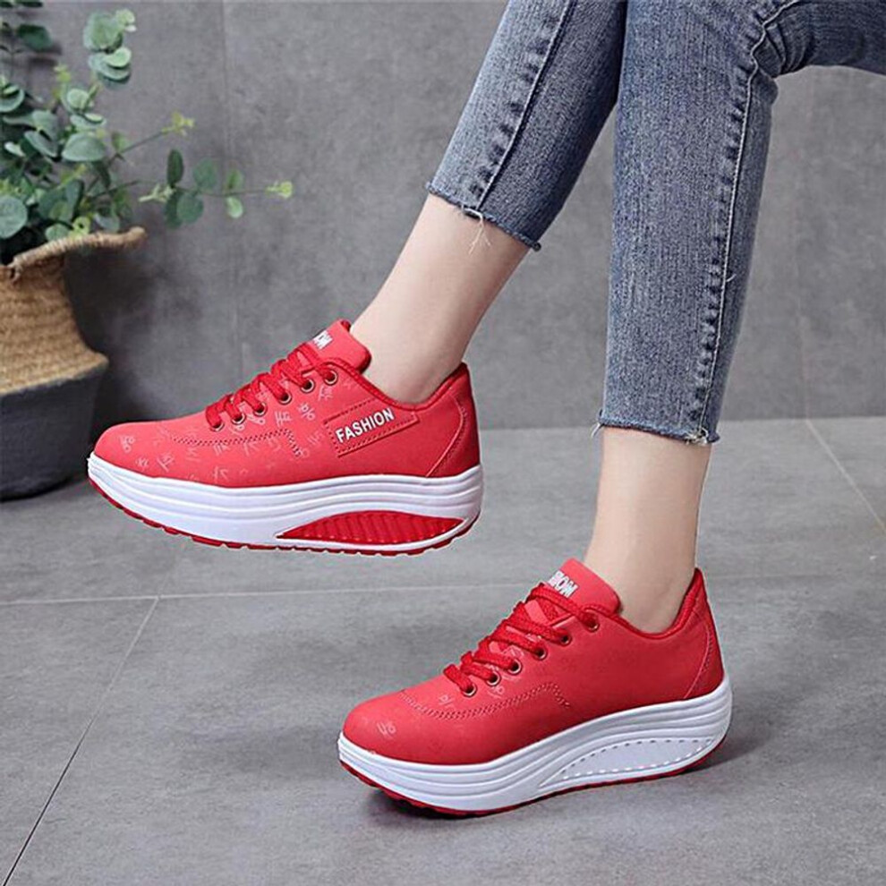 (red, 39) Kj Women Shoes Pu Leather Breathable Waterproof Wedges Platform Shoes Women Sneakers Casual Shoes